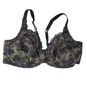 Goddess Full Coverage Underwire Bra Black 44DD SemiSheer Unpad Adj Lace #802 VTG